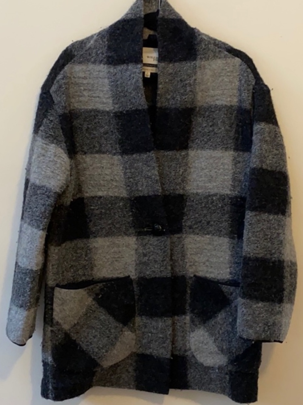 Wilfred black gray plaid buffalo check wool blend sweater jacket light overcoat